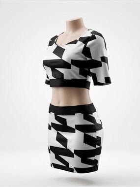 Black & White Geometric Crop Top and Skirt Set